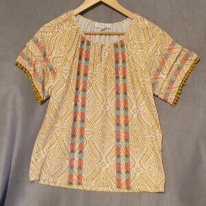 THML Yellow Geometric Embroidered Pom Pom Flutter Sleeve Blouse Round Neck XS